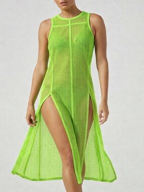 Blanc Noir Taiyo Tunic Dress Neon Green Mesh Sleeveless High Slit Swim Cover-Up